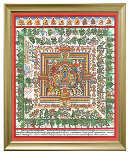 Thangka Medizinbuddha Mandala Leinwandbild Druck religiöses Wandbild mit schönen goldenen Holzrahmen 40x50 cm von Thangka Reproduktion