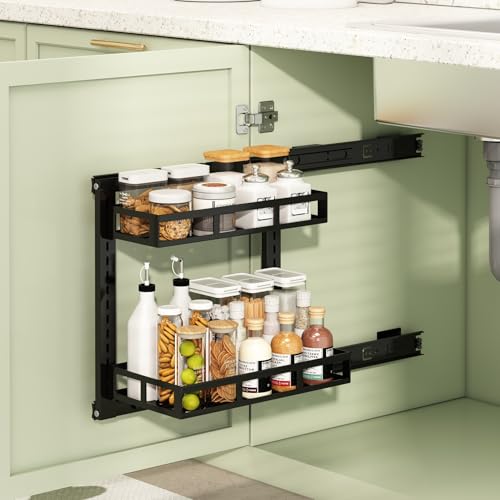 2 Etagen Küchenschranktür-Aufbewahrungsbox, Höhe Verstellbar Doppelschubladenkorb, Selbstklebendes Wandmontierte Aufbewahrungsbox, Schublade Küche Bad Spülschrank Organizer, 31.5 T x 20 B x 41.5 H cm von Thaookte