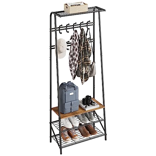 Thaookte Freistehender Flurbaum, industrielle Garderobenständer mit Bank und Schuhregalen, Haken, Metallrahmen, 4 in 1 Flurbaum Garderobenständer mit Stauraum für Eingangsbereich, Flur, Wohnzimmer von Thaookte