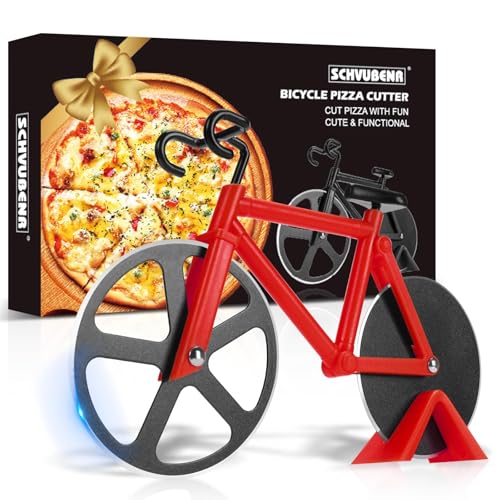 Thapncow Fahrrad Pizzaschneider, Edelstahl Pizza Schneider, Lustige Küchen Gadgets, Doppel Pizza Cutter mit Scharfem Schneiderad & Ständer für Weihnachten Party Geschenke, Rot von Thapncow