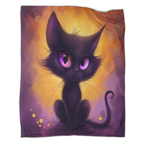 TharEau 3D Black Katze Wohndecke Flanell Mikrofaser Weich Flauschig Lila Augen Kuscheldecken Für Schlafzimmer, Sofa Für Kinder Erwachsene 60x80inch(150x200cm) von TharEau
