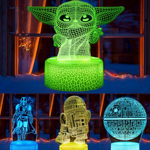 Thcohee 3D Yoda Star Wars Nachtlicht für Kinder 4 Muster und 16 Farben Fernbedienung für Schlafzimmer Heimdekoration Star Wars Geschenke für Jungen Mädchen Star Wars Fan von Thcohee