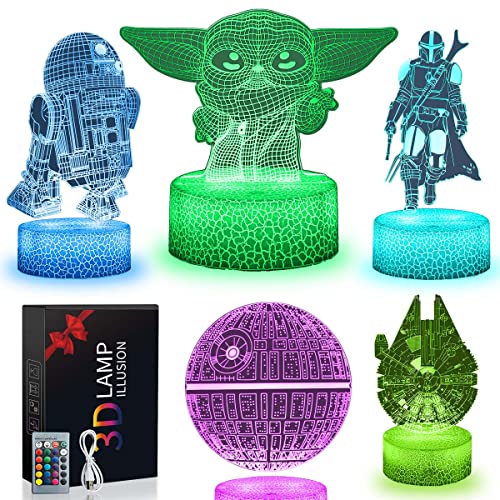 Thcohee 3D Yoda Star Wars Nachtlicht für Kinder 5 Muster und 16 Farben Fernbedienung für Schlafzimmer Heimdekoration Star Wars Geschenke für Jungen Mädchen Star Wars Fan von Thcohee