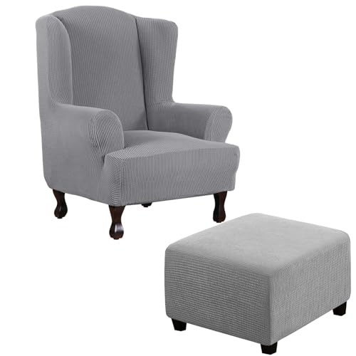 Thdsubb Ohrensessel Überzug Sesselbezug Sessel Sessel-Überwürfe Tiger Stuhlbezug Ottomane Schonbezug Hockerüberzug Husse Für Fußhocker (Hellgrau,Ohrensessel+Quadrat XL) von Thdsubb