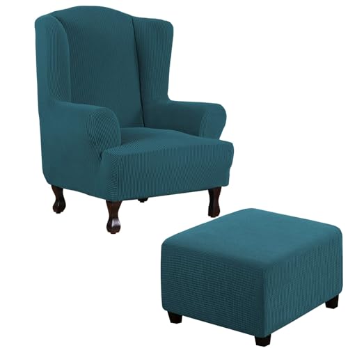 Thdsubb Ohrensessel Überzug Sesselbezug Sessel Sessel-Überwürfe Tiger Stuhlbezug Ottomane Schonbezug Hockerüberzug Husse Für Fußhocker (Teal,Ohrensessel+Quadrat XXL) von Thdsubb