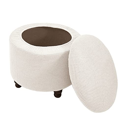 Thdsubb Ottoman-Schonbezug Runde Fußhocker Bezug Stretch Ottomane Abdeckung Jacquard Ottomane Hocker Protector (Beige,Mit Deckel) von Thdsubb