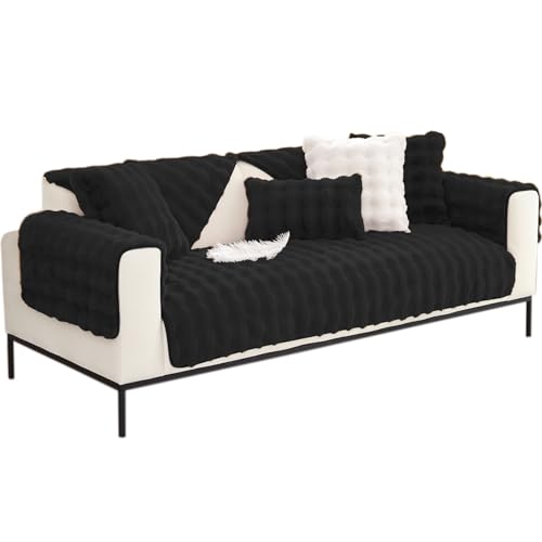 Thdsubb Sofabezug dicker Kaninchen-Plüsch-Sofabezug für 1/2/3/4-Sitzer, L-Form, Couchbezug, universeller, rutschfester Möbelschutz (schwarz, 90 x 160 cm) von Thdsubb