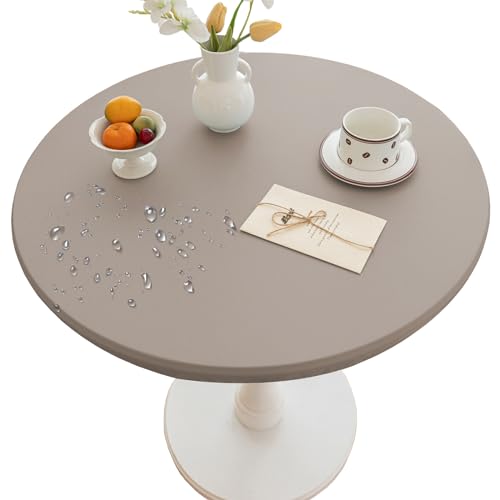 Thdsubb Tischdecke Elastische Runde Gartentischdecke Leder Wasserdicht Abwischbar Tischschutz Für Zuhause, Partys, Kaffee (70cm,Taupe) von Thdsubb