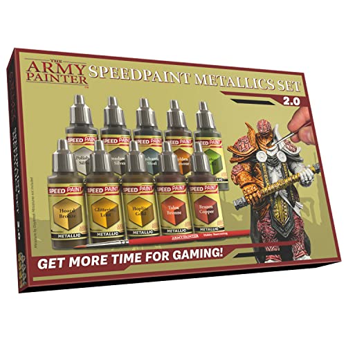 The Army Painter Speedpaint Metallics Paint Set 2.0, 10 Acrylfarben Metallic 18ml Modellbau Farben Pipettenflaschen und 1 Kostenlosem Grundierpinsel, Modellfarbe für Fantasy Miniaturen von The Army Painter