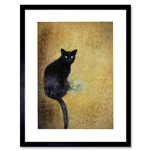 PHOTO COMPOSITION CAT BLACK FLOWER YELLOW COOL FRAMED ART PRINT PICTURE F12X841 von Wee Blue Coo