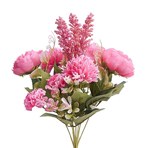 The Baked Studio – Künstlicher Blumenstrauß aus Seide – philippinische Rosen, Pfingstrosen, Löwenzahn-Blütenkugeln und Laub (Pink) von The Baked Studio