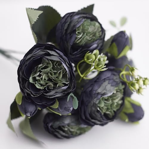 The Baked Studio - Silk Peony and Tea Rose Artificial Bouquet 9 Heads Realistic Fake Plant for DIY Craft Cake Living Room Home Wedding Decoration (Black) von The Baked Studio