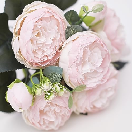 The Baked Studio - Silk Peony and Tea Rose Artificial Bouquet 9 Heads Realistic Fake Plant for DIY Craft Cake Living Room Home Wedding Decoration (Light PINK) von The Baked Studio