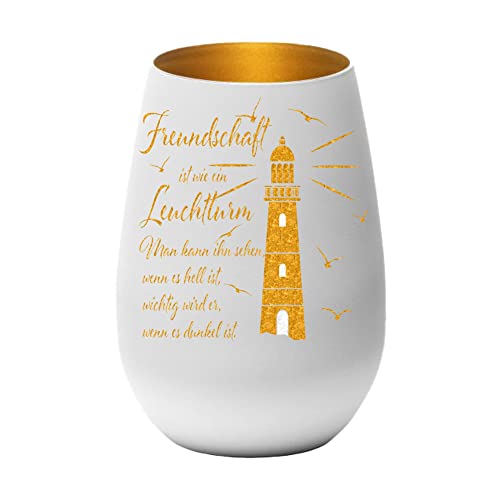 Geschenk für Freunde Freundin Freund Einweihungsgeschenk Partygeschenk mit Leuchtturm und Feundesspruch Gute Freunde maritim (weiß/Gold) von The Barbyer Creativ Family