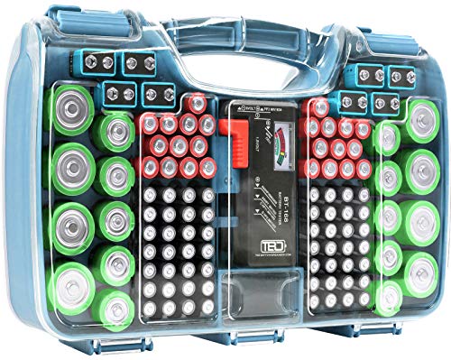 The Battery Organizer Aufbewahrungsbox mit Tester, transparent, Halterung für 180 Batterien verschiedener Größen, Hellblau von The Battery Organizer