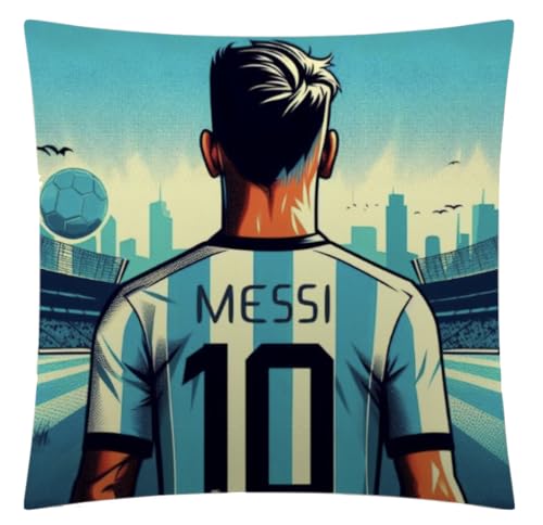 The Beach Stop Kissenbezug mit Argentinien-Fußball-Messi-Akzent, Heimdekoration, Inspo, Geschenkidee für Männer, Frauen, Jungen, Mädchen, 45 x 45 cm, Messi 10 Blau von The Beach Stop