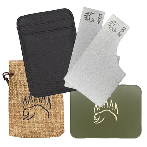 The Bear Essentials Diamant-Schleifstein mit doppelter Körnung, 2 Stück und Leder-Streichriemen | von The Bear Essentials | Taschen-Kreditkartengröße, Feldschärfer für Camping, Bushcraft, Outdoor, von The Bear Essentials