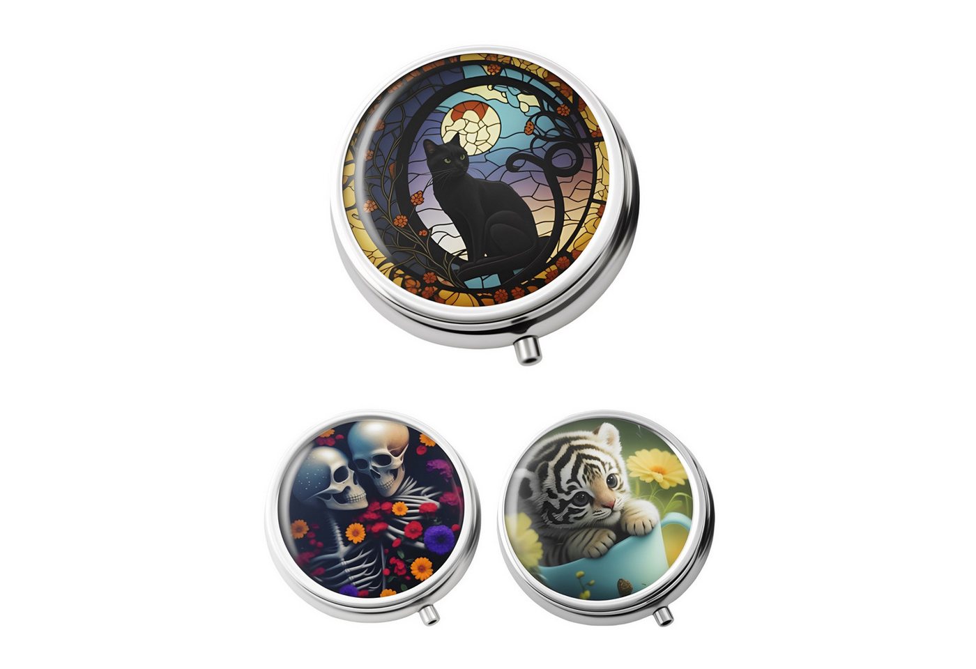 The Beauty House Pillendose Runde Pillendose mit Tier- und Fantasy-Motiven, Kompakte Medikamentenbox aus Metall mit 3-Fach-Einteilung & Spiegel The Beauty House Pillendose Runde Pillendose mit Tier- und Fantasy-Motiven, Kompakte Medikamentenbox aus Metall mit 3-Fach-Einteilung & Spiegel von The Beauty House