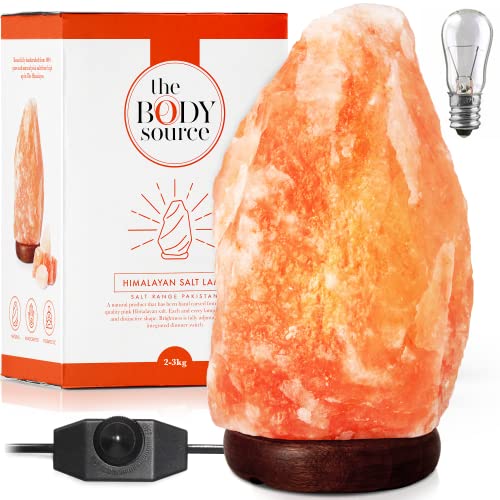 The Body Source Himalaya Salzlampe (3-5 kg) mit Dimmerschalterlicht aus der Salt Range Pakistan auf einem Holzständer - Nachtlicht inkl.10W Glühbirnen und Geschenkbox von The Body Source