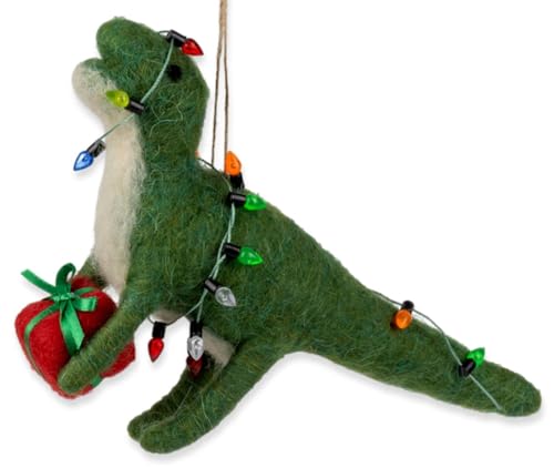 The Bridge Collection Filz-Dinosaurier mit Weihnachtsbeleuchtung, 16,5 cm, festlicher T-Rex, verpackt in Weihnachtslichtern und als Geschenk von The Bridge Collection