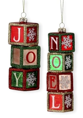 The Bridge Collection Set mit 2 Glas-Ornamenten in Geschenkbox – 12,7–15,2 cm "Joy and Noel rot & grün" Weihnachtsschmuck mit Glitzer-Akzenten von The Bridge Collection