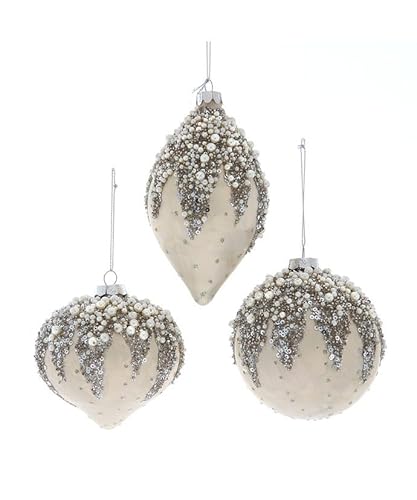 The Bridge Collection Set mit 3 Glas-Weihnachtsschmuck – 10,2 cm elegante Feiertags-Ornamente mit Perlen-Glitzer-Akzenten – Perlen- und Pailletten-Baumschmuck für klassische Weihnachtsdekoration von The Bridge Collection