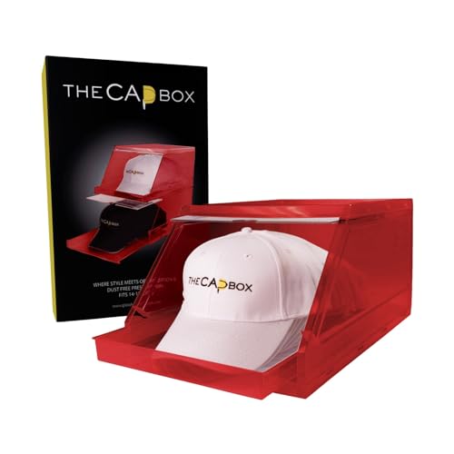 Die CapBox 2.0 aus Kunststoff (2er-Pack), stapelbarer, durchsichtiger Baseballkappenhalter, SnapBack-Kappen-Aufbewahrungsbehälter, Hutablage, Präsentationsbox (Rot) von The Cap Box