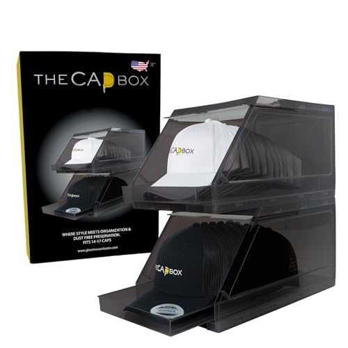 Die CapBox 2.0 aus Kunststoff (2er-Pack), stapelbarer, durchsichtiger Baseballkappenhalter, SnapBack-Kappen-Aufbewahrungsbehälter, Hutablage, Präsentationsbox (Schwarz) von The Cap Box