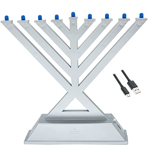 Elektrische Mini-Menora im Rambam-Design, Hanukkah-Menora mit LED-Reise-Menora mit Batterien oder USB-betrieben, Micro-USB-Kabel im Lieferumfang enthalten (silber-matt) von The Dreidel Company