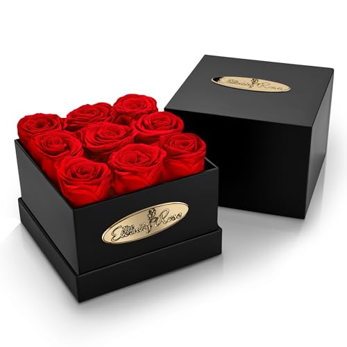 The Eternity Rose 9 Stück konservierte Rosen in einer Luxus-Geschenkbox - Echte Rosen in quadratischer schwarzer Box - Ein Valentinstagsgeschenk so ewig wie Ihre Liebe von The Eternity Rose