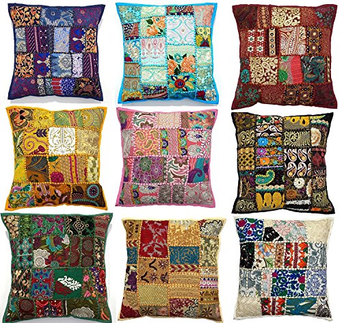 The Ethnic Crafts 10 bestickte Sari-Patchwork-Kissenbezüge, 43,2 x 43,2 cm, indische ethnische Kissenbezüge, handgefertigtes Patchwork-Kissen, Sari-Patch-Überwurfkissen von Sophia-Art