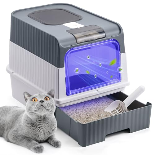 Katzenklo, Katzentoilette mit UV-Sterilisation, Großes Katzenklo mit Deckel, Geruchskontrolle, Katzenklo Geschlossen mit Schaufel & Schublade, Katzenklo groß, Leichte Reinigung, 48x35x36cm, Grau Katzenklo, Katzentoilette mit UV-Sterilisation, Großes Katzenklo mit Deckel, Geruchskontrolle, Katzenklo Geschlossen mit Schaufel & Schublade, Katzenklo groß, Leichte Reinigung, 48x35x36cm, Grau von The Fellie