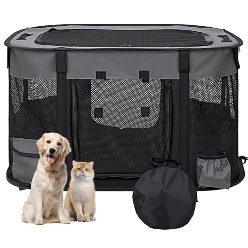 The Fellie Faltbarer Hunde-Laufstall, tragbarer Hundegehege, weicher Katzenlaufstall für drinnen und draußen, kleiner Katzenkäfig mit Netzeinsätzen für Welpentasche, Grau, 71 x 56 x 46 cm von The Fellie