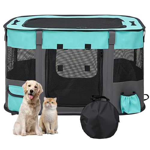 The Fellie Faltbarer Hunde-Laufstall, tragbarer Hundegehege, weicher Katzenlaufstall für drinnen und draußen, kleiner Katzenkäfig mit Netzeinsätzen für Welpentasche, Grün, 71 x 56 x 46 cm von The Fellie