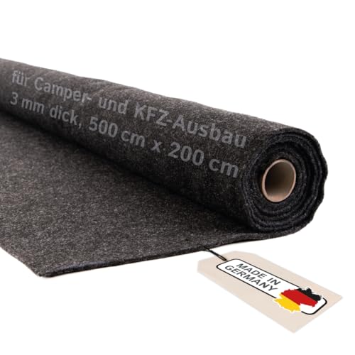 Camper Filz Meterware ohne Kleber, für Camper Ausbau & Auto Innenverkleidung, 4-Wege-Stretch Nadelfilz 3 mm dick – Made in Germany (anthrazit, 500 cm x 200 cm (5 m x 2 m)) von The Felt Store