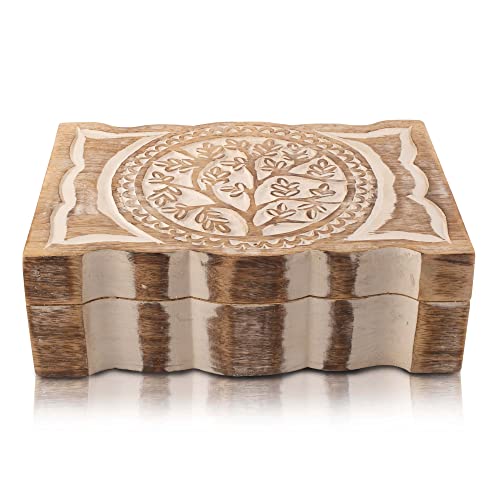 Tolles Geburtstagsgeschenk, handgefertigt, dekorative Holz-Schmuckschatulle, Baum des Lebens, Schnitzerei, Schmuck-Organizer, Andenkenbox, Schatztruhe, 22.9x15.2 cm, Einweihungsgeschenk Tolles Geburtstagsgeschenk, handgefertigt, dekorative Holz-Schmuckschatulle, Baum des Lebens, Schnitzerei, Schmuck-Organizer, Andenkenbox, Schatztruhe, 22.9x15.2 cm, Einweihungsgeschenk von The Great Indian Bazaar