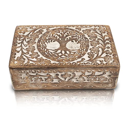 Tolles Geburtstagsgeschenke Handgemachte dekorative hölzerne Schmuckkasten Baum des Lebens Carving Schmuck Organizer Andenkenkasten Schatztruhe Schmuckstück Halter Aufbewahrung Schloss Box (White) von The Great Indian Bazaar