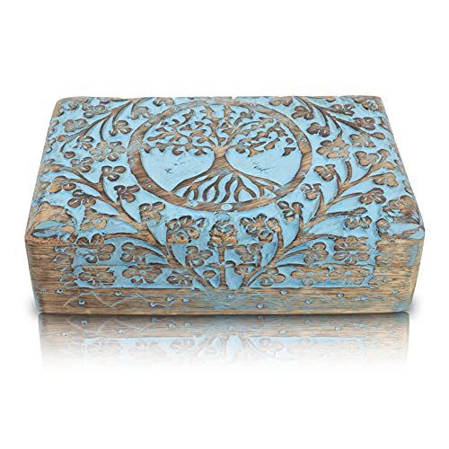 Tolles Geburtstagsgeschenke Handmade dekorative hölzerne Schmuckkiste Baum des Lebens schnitzen Schmuck Organizer Andenkenbox Schatztruhe Schmuckstück Halter Storage Lock Box Housewarming (Blue) von The Great Indian Bazaar