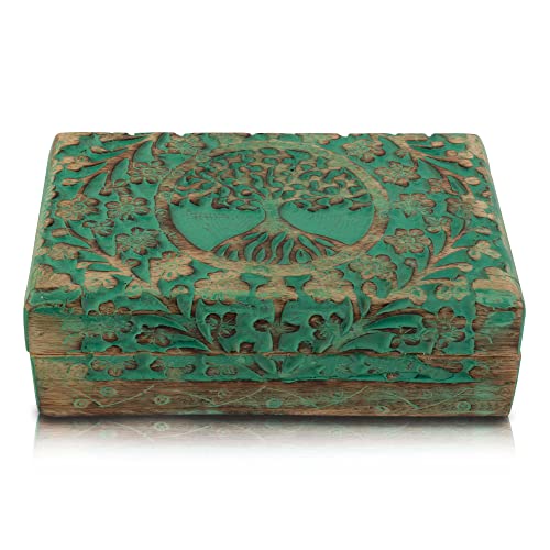 Tolles Geburtstagsgeschenke Handmade dekorative hölzerne Schmuckkiste Baum des Lebens schnitzen Schmuck Organizer Andenkenbox Schatztruhe Schmuckstück Halter Storage Lock Box Housewarming (Green) von The Great Indian Bazaar