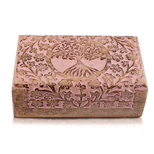 Tolles Geburtstagsgeschenke Handmade dekorative hölzerne Schmuckkiste Baum des Lebens schnitzen Schmuck Organizer Andenkenbox Schatztruhe Schmuckstück Halter Storage Lock Box Housewarming (Pink) von The Great Indian Bazaar