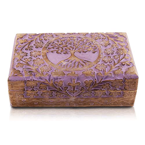 Tolles Geburtstagsgeschenke Handmade dekorative hölzerne Schmuckkiste Baum des Lebens schnitzen Schmuck Organizer Andenkenbox Schatztruhe Schmuckstück Halter Storage Lock Box Housewarming (Violet) von The Great Indian Bazaar