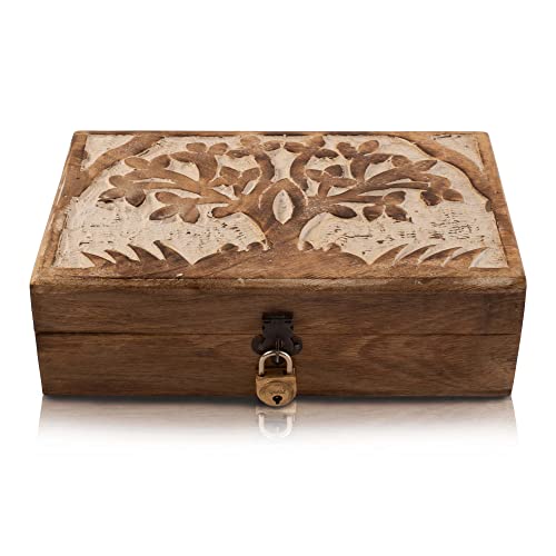 Schmuckkästchen aus Holz, handgefertigt, dekorativ, Baum des Lebens, Schnitzerei & Schloss & Schlüssel, Schmuck, Organizer, Andenken, Box, Schatztruhe, Schmuckhalter, Uhrenschloss, 20x12 cm (White) von The Great Indian Bazaar