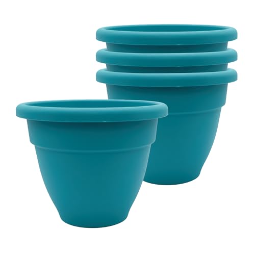 The HC Companies Karibik Pflanztopf - Outdoor & Indoor Pflanztopf mit Drainageloch & Stopfen - Rollrand Kunststofftöpfe für Pflanzen & Blumen - Dekorativer Pflanztopf (15,2 cm Dusty Teal, 4 Stück) von The HC Companies