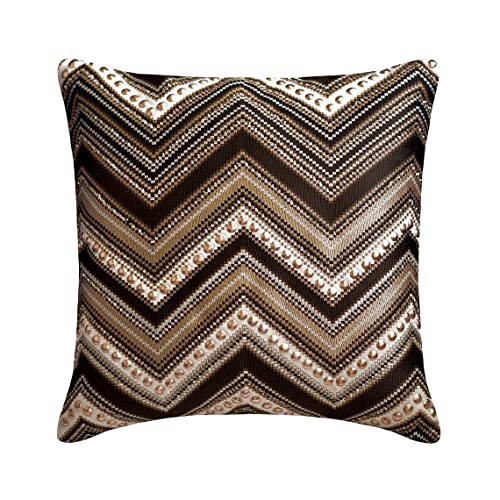 The HomeCentric Dekorativ Braun Kissen Überzüge, 2 Stück, 40x40 cm (16"x16") Jacquard Kissen, Kissenhülle mit Chevron, Perlen & Pailletten, Geometrisch Kissen, Modern Kissen Überzüge - Chevron Chic von The HomeCentric