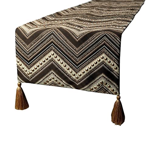 The HomeCentric Dekorativ Braun Tischläufer, 35 x 225 cm Jacquard-Seide Tischläufer, Perlen & Quasten, Sparren Tischwäsche, Modern Hochzeitsdeko - Timberland von The HomeCentric