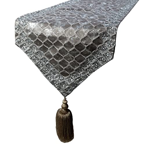 The HomeCentric Dekorativ Grau & Silber Tischläufer, 35 x 90 cm Jacquard-Seide Tischläufer, Pailletten Bordüre, Quasten, Folie & Gitter, Geometrisch Tischwäsche, Modern Hochzeitsdeko - Silver Mesh von The HomeCentric