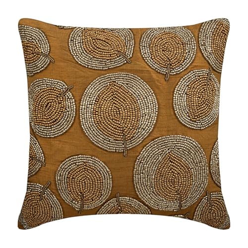 The HomeCentric Dekorative Wurfkissenbezug Gold 55 x 55 cm Funkelnde Perlenstickerei Glitter Floral Die Seide Gold, Handgefertigter Kissenbezug Die Seide - Gold Round Leaves von The HomeCentric