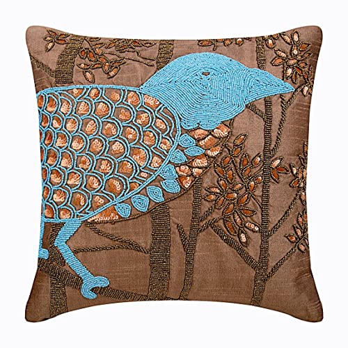 The HomeCentric Handgefertigt Braun Dekorative Kissenbezug, Wulstige Vogel Thema Kissen Decken, Kissenbezuge 50x50 cm, Blumen Zeitgenossisch Werfen Kissen Decken, Platz Seide - Birdy Paradise von The HomeCentric