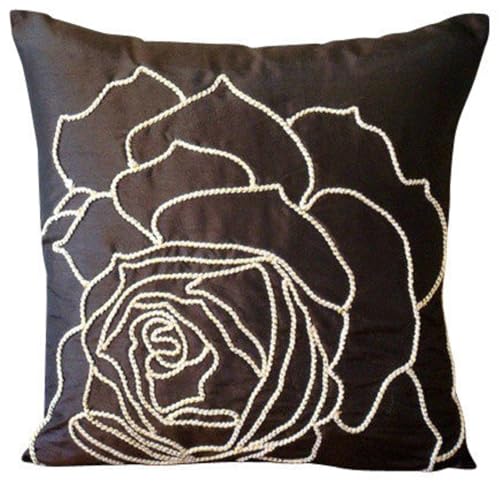 The HomeCentric Handgefertigt Dunkelbraun Kissen Decken, Rose Jute Cord Blumenthema Kissen Decken, Kissenbezuge 35x35 cm, Platz Seide Kissenbezug, Blumen Modern Kissen Fälle - Enchanted Rose von The HomeCentric