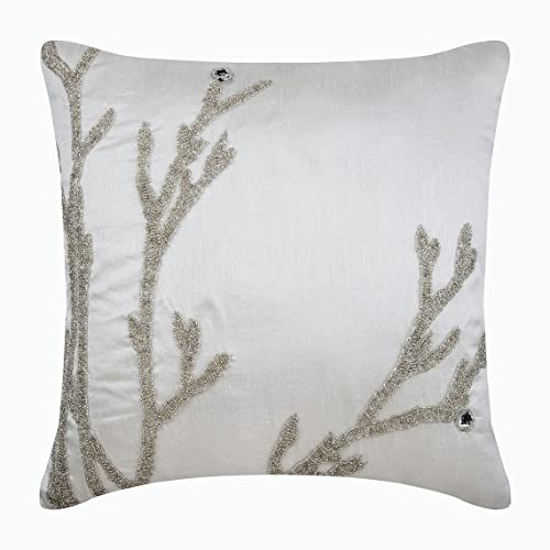 The HomeCentric Handgefertigt Weib Werfen Kissen Decken Metallic Beaded Willow Kissen Decken Kissenbezuge 2 Stück, 50x50 cm, Blumen Modern Zierkissen AbDecken Platz Seide Kissenbezuge - Silver Willow von The HomeCentric